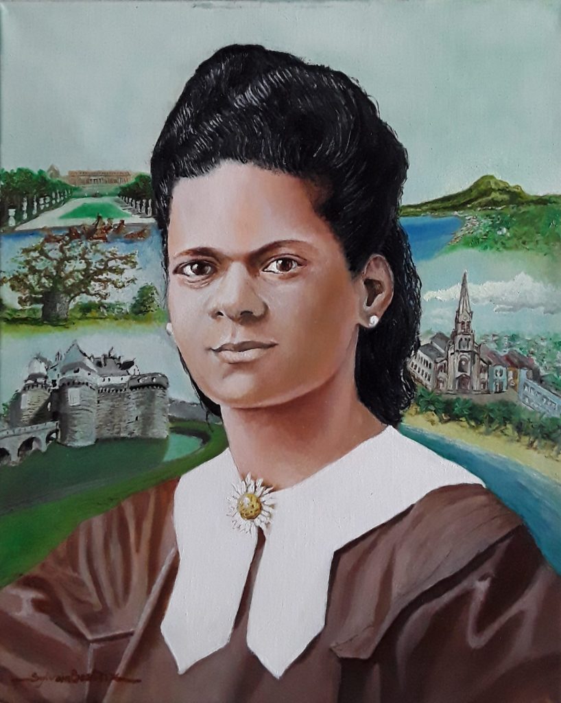 Portrait d'une jeune femme créole devant un fond représentant son parcours de vie.