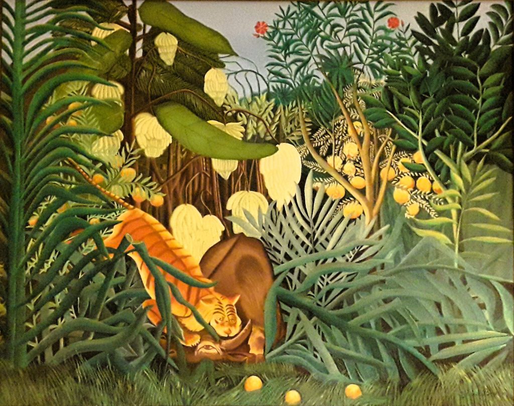 Copie du "Combat de tigre et de buffle" dans une forêt tropicale. Tableau réalisé en 1908 par le peintre français Henri Rousseau, dit le « Douanier Rousseau ». Partie des Jungles pour lesquelles l'artiste est particulièrement reconnu, cette peinture à l'huile représente un tigre immobilisant un buffle dans une forêt tropicale. Elle est conservée au Cleveland Museum of Art, à Cleveland, aux États-Unis.