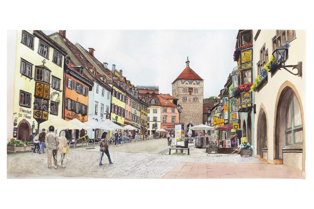 Hauptstrasse Rottweil. Rue Principale de la ville de Rottweil dans le Bade-Wurtemberg au sud-est de l'Allemagne. La perspective se termine sur la Porte noire (XIII émé siècle).