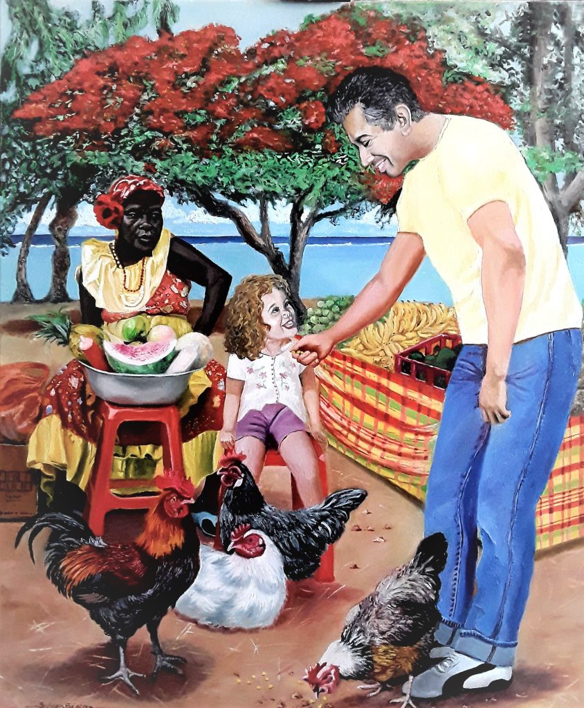 Scène de vie sur marché tropicale. Un père donne des grains de maïs à des poule et un coq devant sa petite fille assise devant une marchande créole.