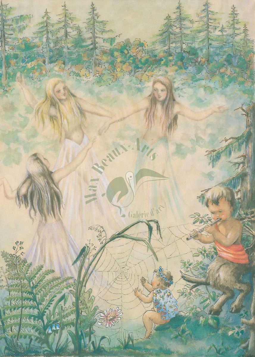 Aquarelle d'illustration. Trois jeunes fées dans une danse au son du fifre d'un jeune centaure.