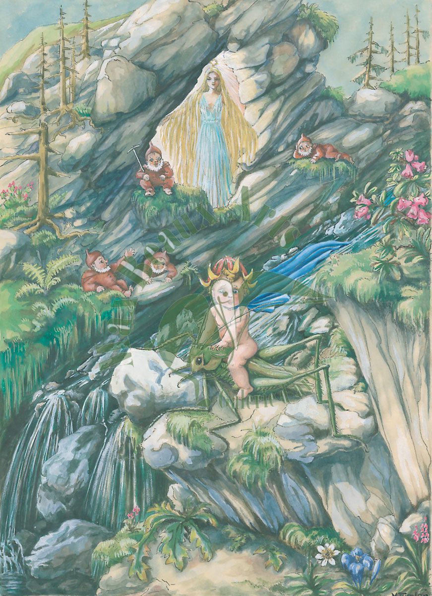 Aquarelle féerique. Visite du roi des elfes à la fée de la grotte jonché sur une sauterelle.