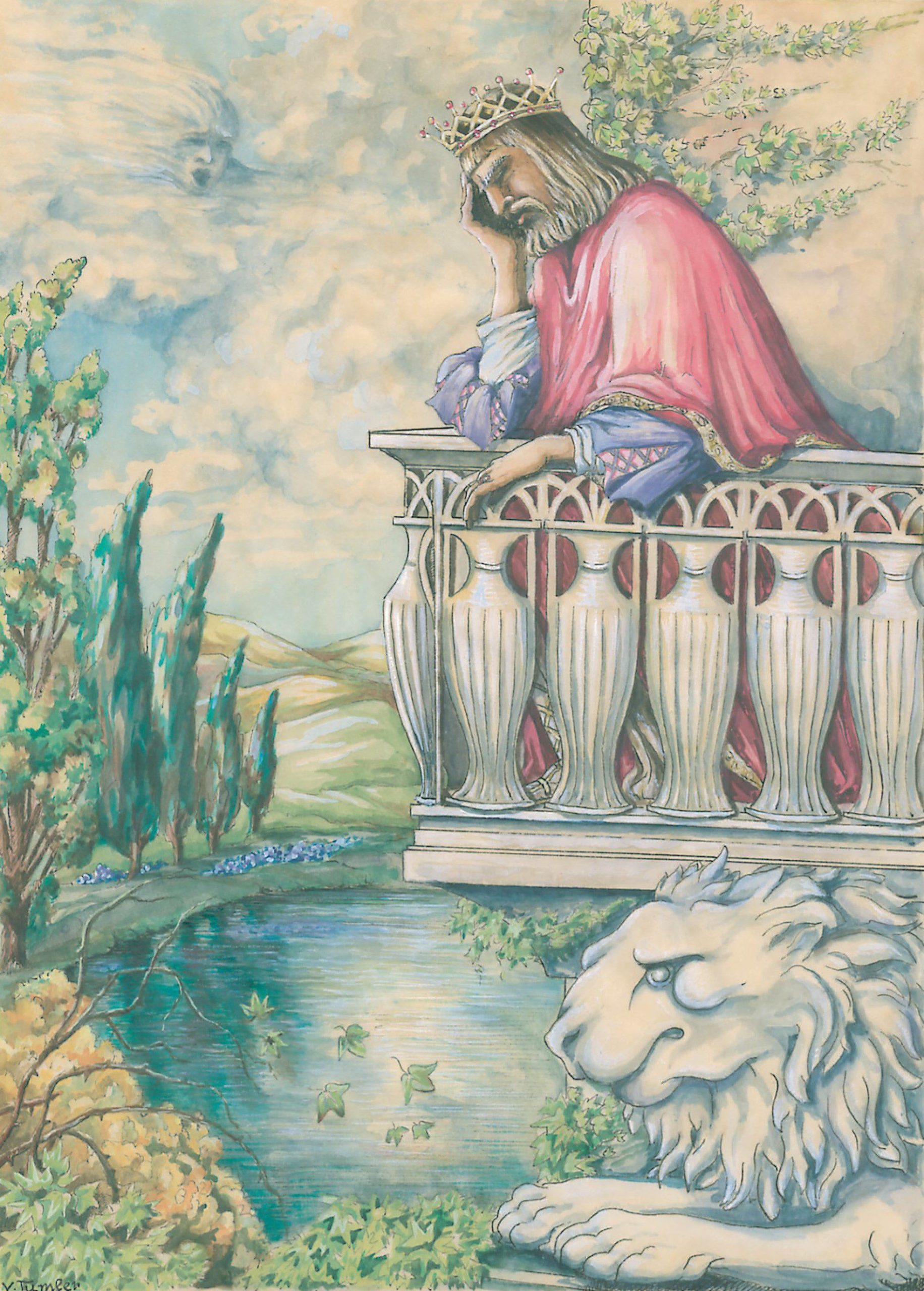 Aquarelle peinture. La tristesse du roi