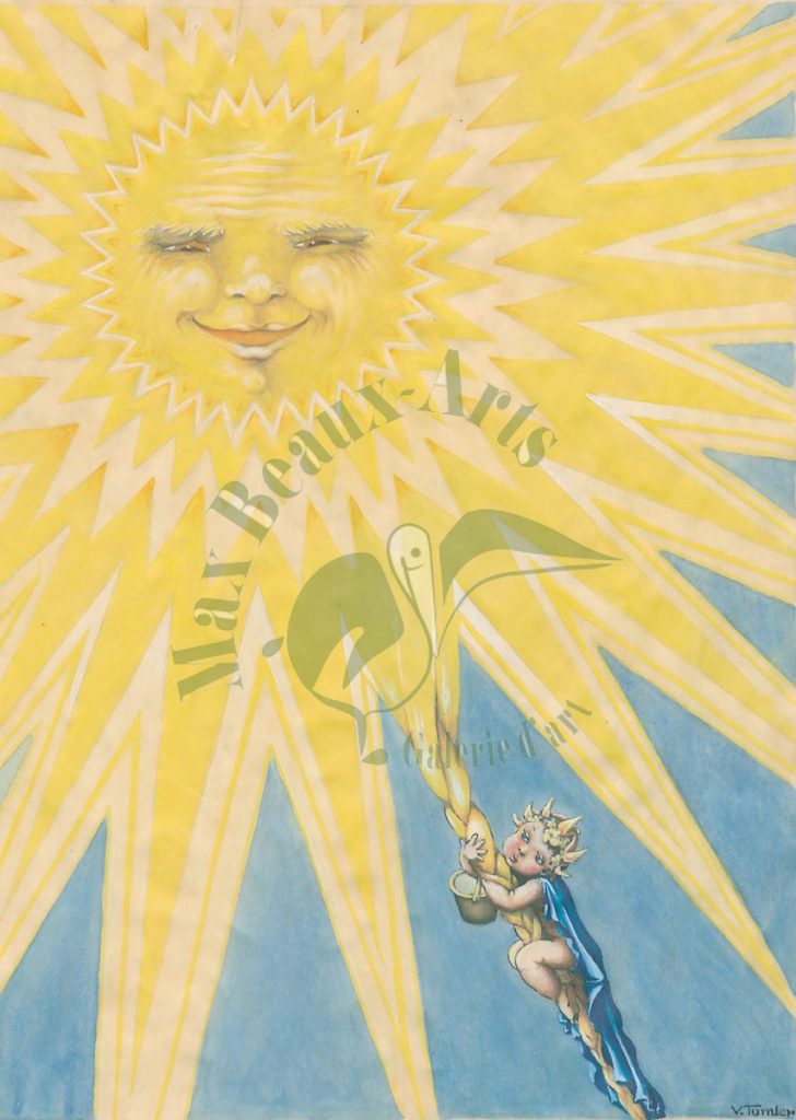 Impression aquarelle. Visite du roi des elfes au soleil par l'ascension d'un de ses rayons.