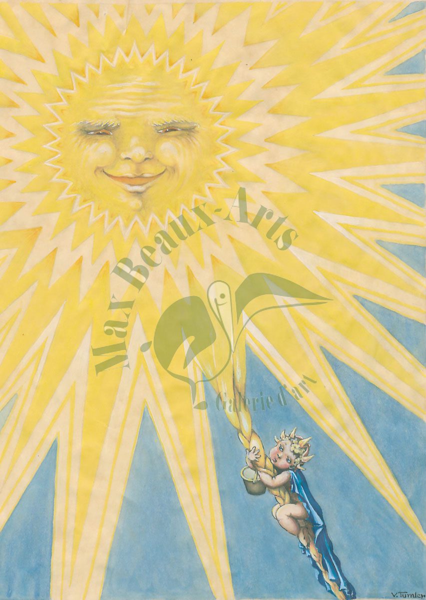 Impression aquarelle. Visite du roi des elfes au soleil par l'ascension d'un de ses rayons.