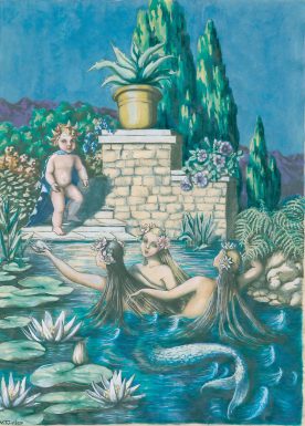 A whimsical illustration featuring three mermaids in a serene pond with water lilies, interacting with a baby beside a stone staircase adorned with plants.