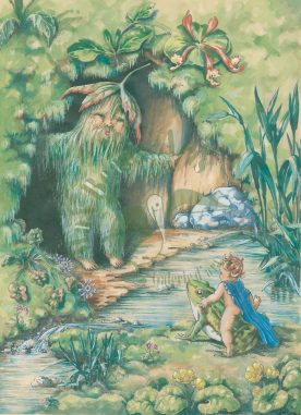 Impression illustration. Visite du roi des elfes monté sur une grenouille à la créature des mousses.