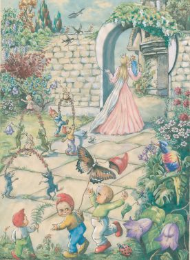 A whimsical garden scene featuring children playing and gnomes interacting with nature, with a girl in a long pink dress walking towards an archway adorned with flowers.
