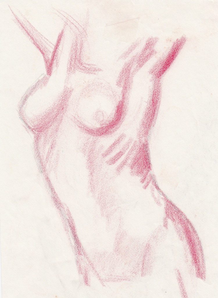 A sketch of a female torso drawn with red chalk on textured paper, highlighting contours and shadows.
