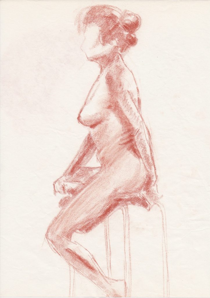 A sketch of a nude female figure sitting on a stool, depicted in soft reddish tones, showcasing a side profile with attention to bodily contours.