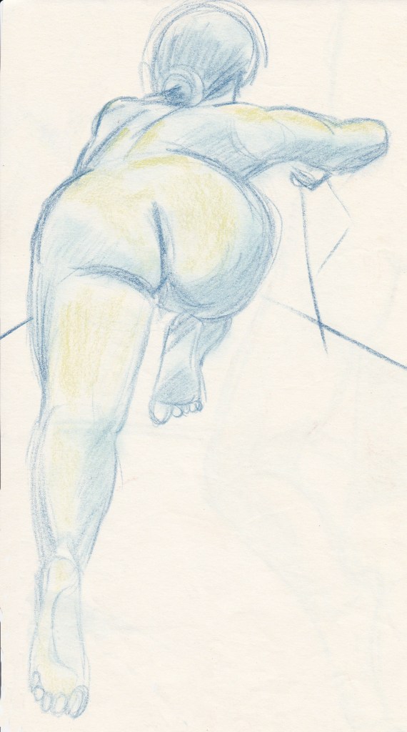 A colored sketch of a nude figure viewed from behind, depicting the back, legs, and feet in a dynamic pose.