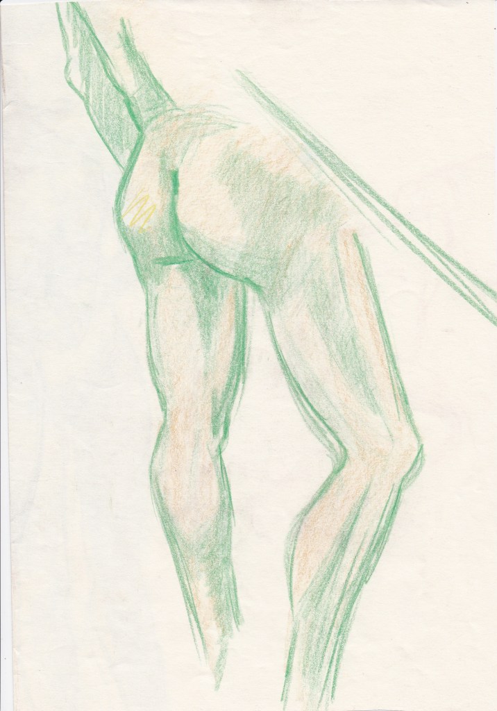 A sketch depicting a human figure from behind, focusing on the legs and buttocks, created with colored pencil in green and yellow tones.