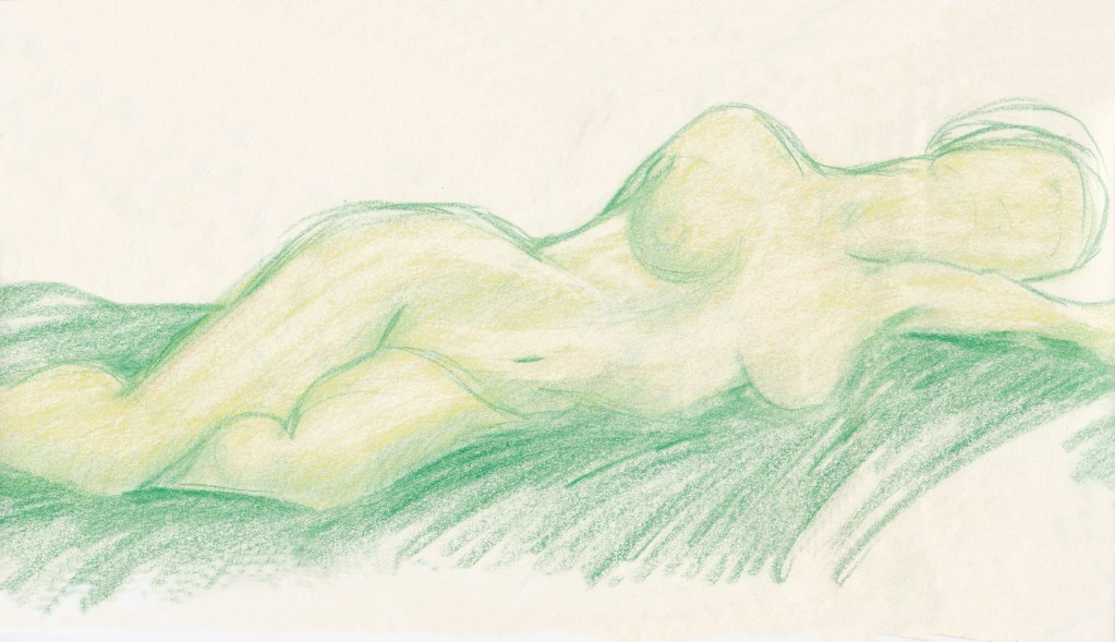 A sketch of a reclining female figure, depicted in soft pastel colors of yellow and green against a light background.