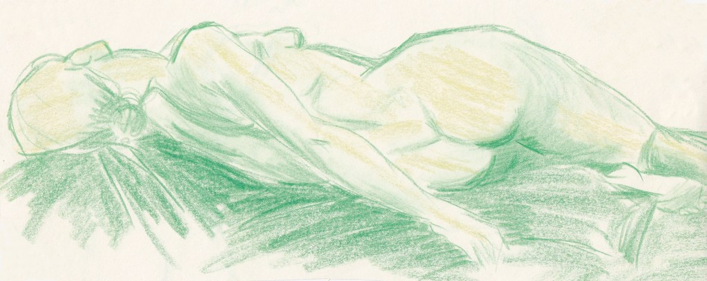 A sketch of a reclining nude figure portrayed in soft green and yellow hues.