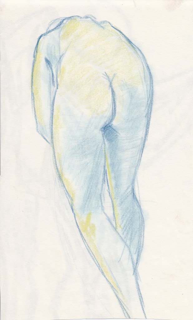 A sketch of a human figure viewed from behind, highlighting the lower back and legs, using soft blue and yellow pastel colors.