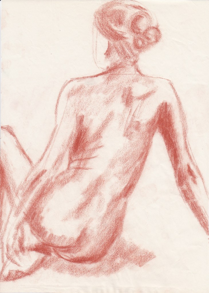 A sketch of a nude female figure sitting with her back turned, showcasing her hairstyle and body contours in a reddish chalk medium.