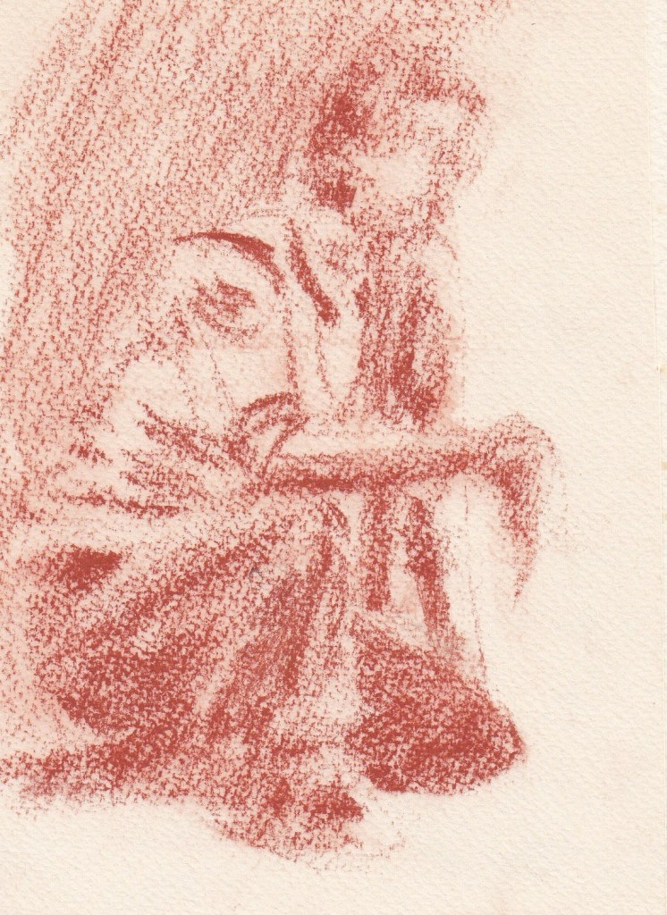 A sketch in red chalk depicting a seated figure, engaged in thoughtful contemplation.