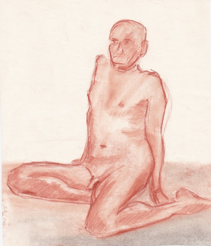 A seated nude figure, portrayed in soft red chalk, with a contemplative expression and relaxed posture.