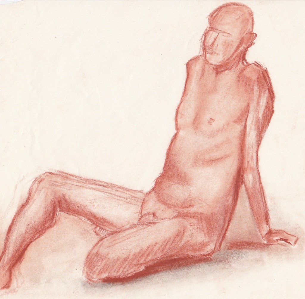 A sketch of a seated male figure in reddish-brown chalk, depicting a relaxed pose with one leg bent and the other extended.