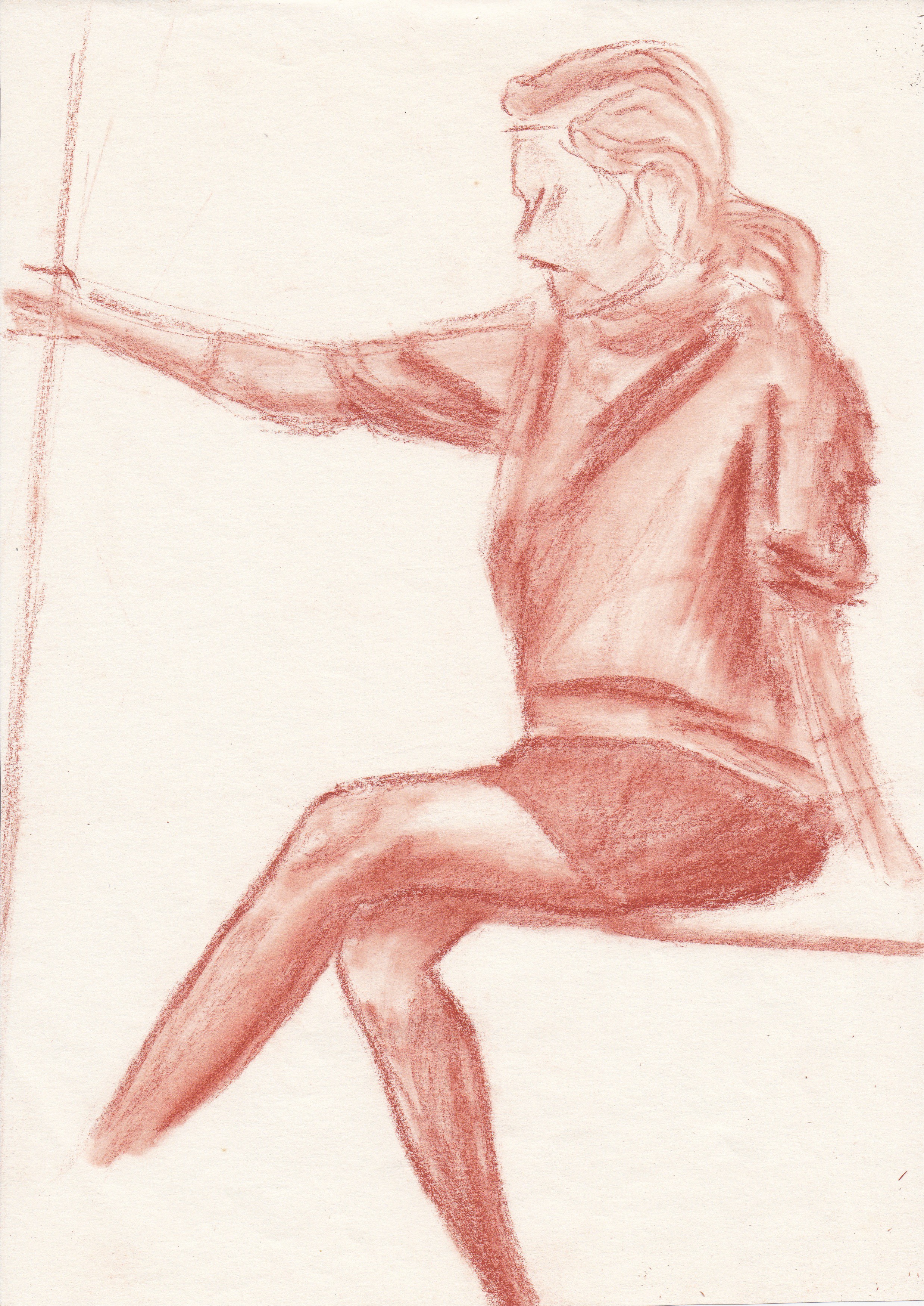 A sketch of a seated figure with a hand extended, wearing a sweater and shorts, drawn in a reddish chalk or pencil style.