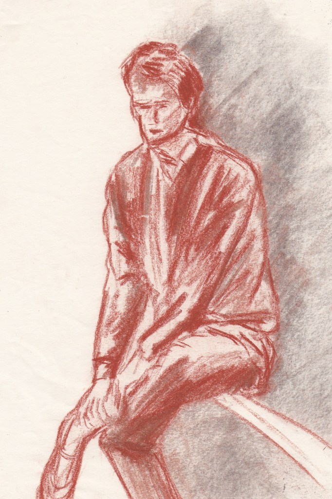 A sketch of a seated figure in a contemplative pose, rendered in red tones. The figure wears a sweater and has a neutral expression, with a soft shading background.