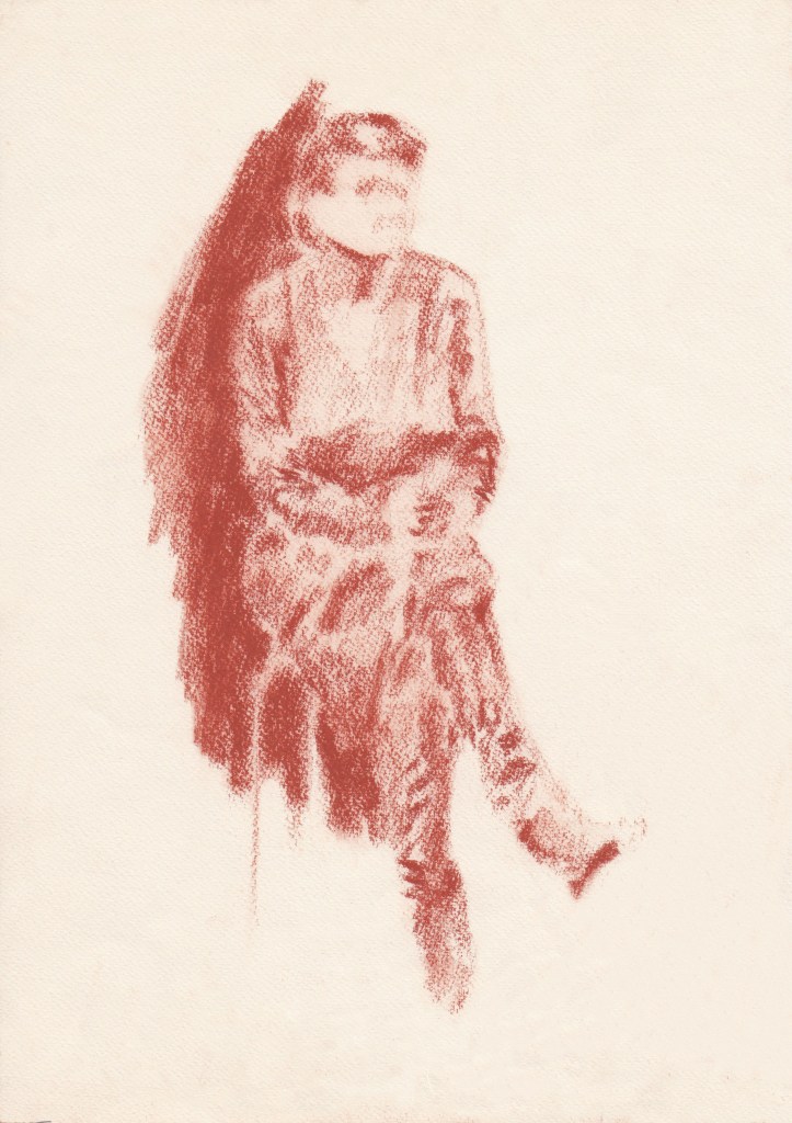 A soft, red-toned sketch of a seated figure with a blurred outline, representing a person in reflective thought.