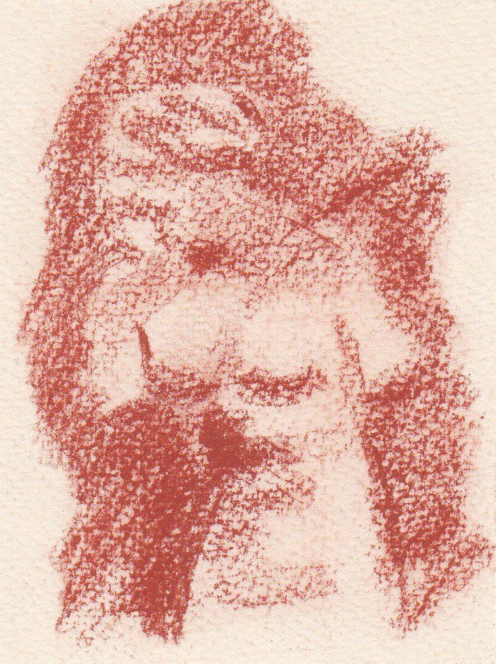 A sketch in reddish hues portraying a figure with a partially obscured face and torso on textured paper.