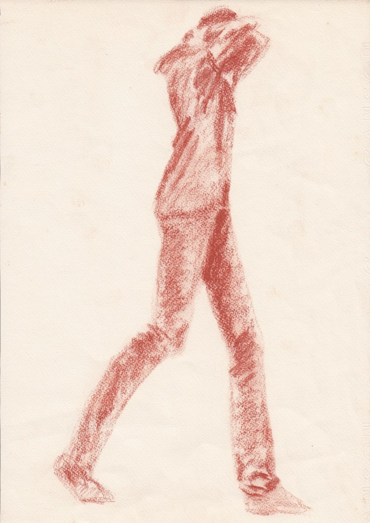 A red chalk drawing of a person walking with their arms raised, on a textured cream paper background.