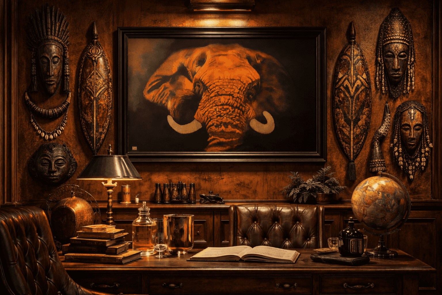 Un bureau en bois avec un fauteuil en cuir, entouré de sculptures africaines et d'une peinture représentant un éléphant orange sur le mur. Éléments décoratifs incluent une lampe, un globe, des livres et des bouteilles.