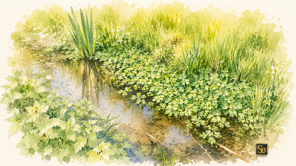 Une scène paisible où l’eau claire serpente entre les herbes sauvages et la lumière d’été. Cette reproduction d’aquarelle apporte une atmosphère naturelle, douce et contemplative à tout intérieur.